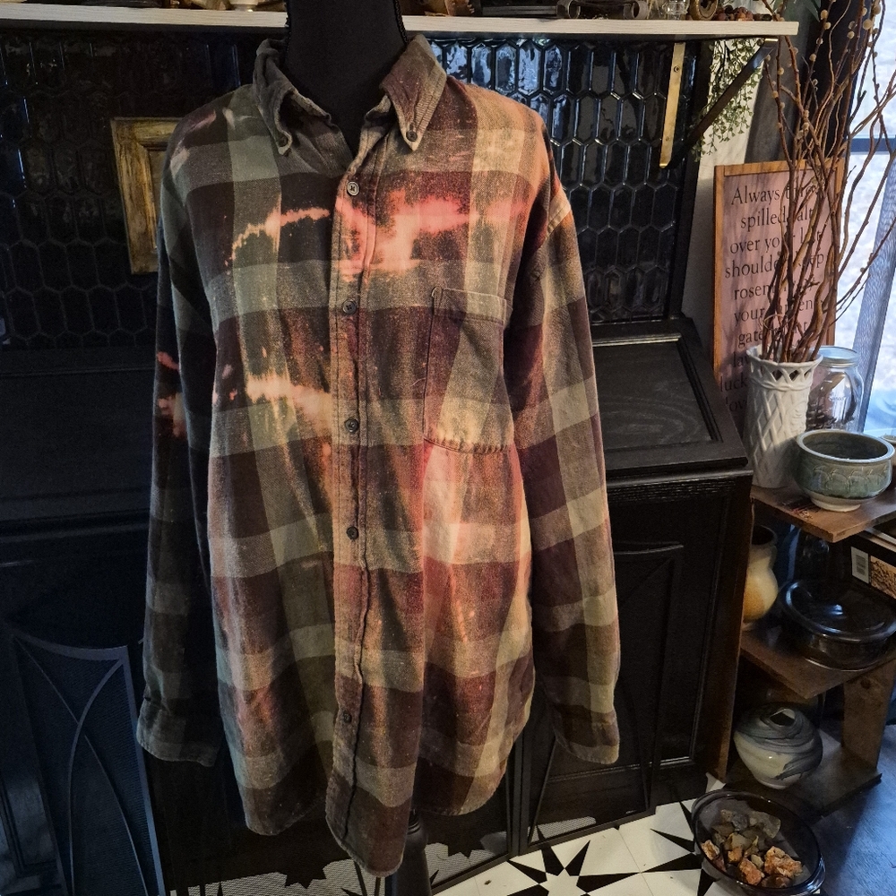 Upcycled Bleached And Distressed Flannel with Handmade Bee Patch Let It Bee - Picture 2 of 8